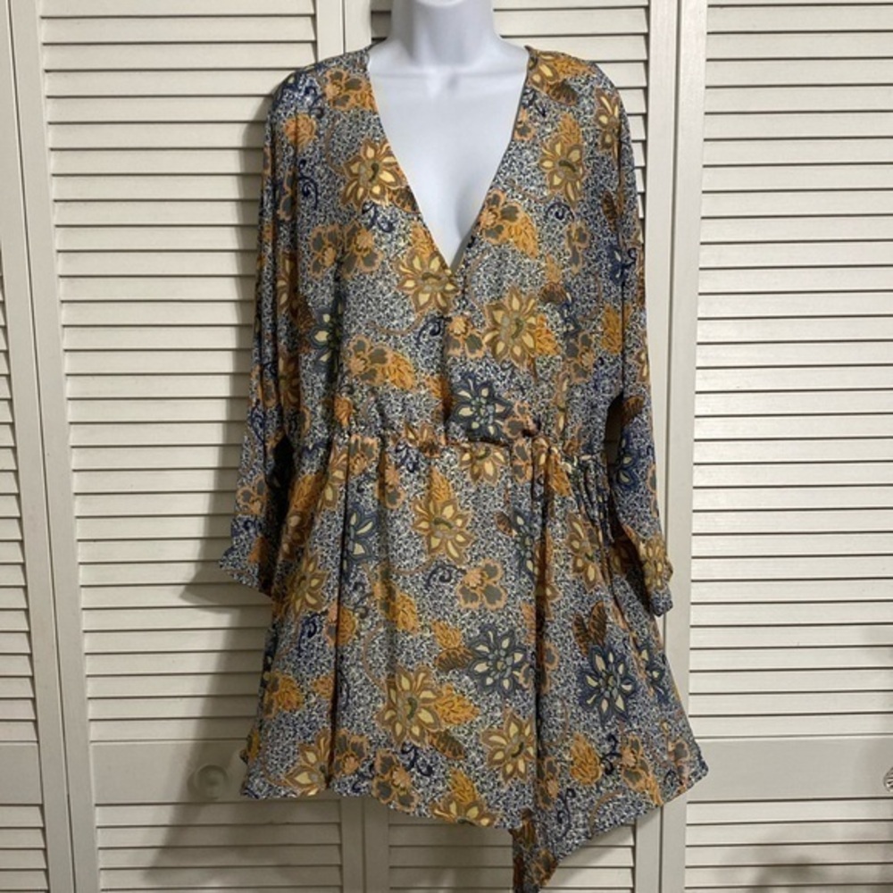 Free People womens long sleeve mini dress XS blue yellow floral side tie v-neck